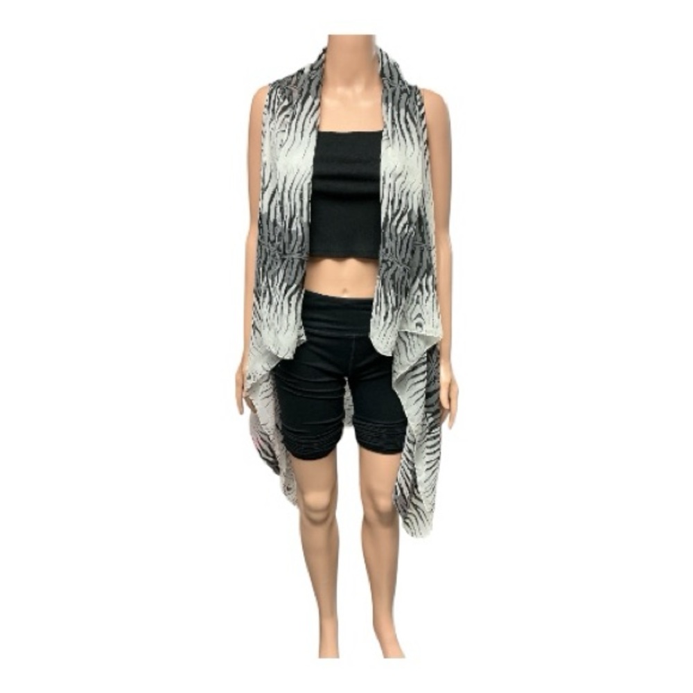 Boutique - EC - Black and White Sheer Zebra Print Asymmetrical Vest - Picture 1 of 2